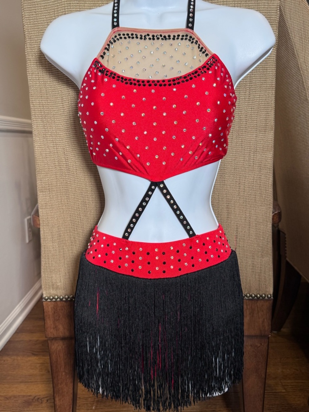 Glamour Red and Black Rhinestone Fringe Dance Costume